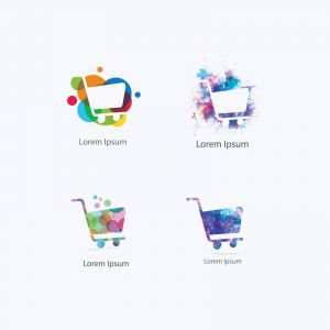 Shopping cart vector logo design, colorful trolley of goods illustration