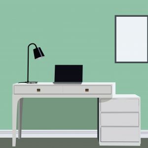 Designer Desk vector illustration, office work space table with laptop.