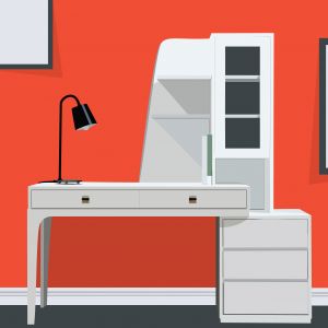 Graphics designer desk with laptop vector illustration. Beautiful office workspace furniture poster on wall mock-up vector.	