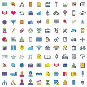 Web vector icons, Colorful icon designs, flat icons set, beautiful icons, business and technology icons, outline icons.
