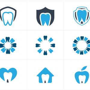 Dental care logo icons set, tooth in shield and flower illustration. Dentist care clinic.	