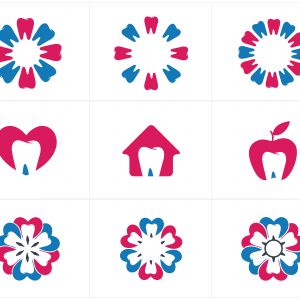 Dental care logo icons set, tooth in home and flower illustration.	