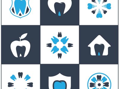 Dental care logo icons set, tooth in shield home and heart illustration. Dentist care clinic.	