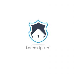 Home insurance company icon protection shield with vector house. Home security logo design. Real estate logo.	