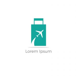 Travel logo design. Airplane in bag vector illustration. World tour and tourism symbol.