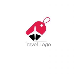 Travel logo design. Airplane in tag vector illustration. World tour and tourism symbol.