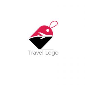 Travel logo design. Airplane in tag vector illustration. World tour and tourism symbol.