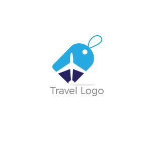 Travel logo design. Airplane in tag vector illustration. World tour and tourism symbol.