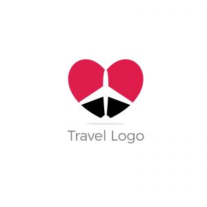 Travel logo design. Airplane in heart vector illustration. World tour and tourism symbol.