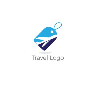 Travel logo design. Airplane in tag vector illustration. World tour and tourism symbol.