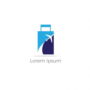 Travel logo design. Airplane in bag vector illustration. World tour and tourism symbol.