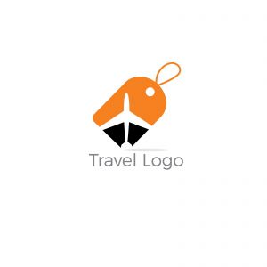 Travel logo design. Airplane in tag vector illustration. World tour and tourism symbol.