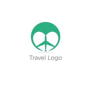 Travel logo design. Airplane in heart vector illustration. World tour and tourism symbol.