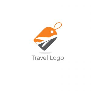 Travel logo design. Airplane in tag vector illustration. World tour and tourism symbol.