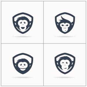 Monkey in shield logo design, monkey vector icon, animal illustration