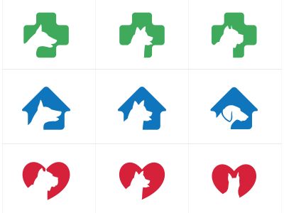 Dog logos set, pet and animal health and care hospital vector icons, low poly dogs in medical cross, star and home illustration.