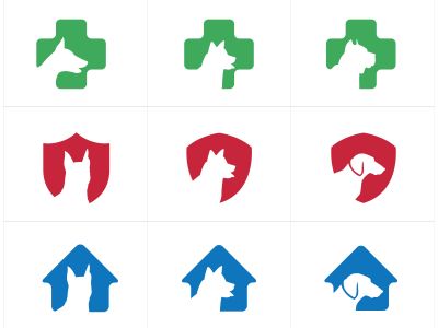 Dog logos set, pet and animal health and care hospital vector icons, low poly dogs in medical cross, star and home illustration.