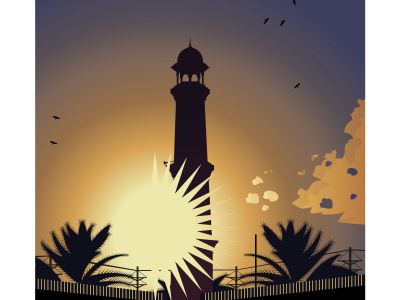 Lighthouse in sunset illustration with birds. Vector illustration.