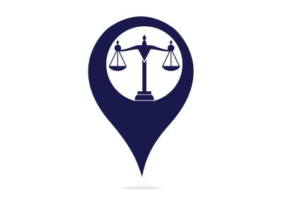 Libra and map pointer logo design. Unique law and pin logotype design template.	