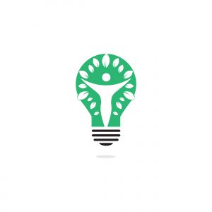 Human character with leaves and bulb logo design. Nature idea innovation symbol. ecology, growth, development concept.	
