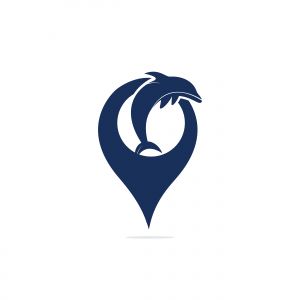 Dolphin vector logo with gps pointer design. Dolphin and GPS vector logo design template.	