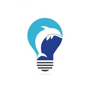 Dolphin and bulb vector logo design. Dolphin and bulb lamp icon simple sign. Creative fishing business idea concept.	