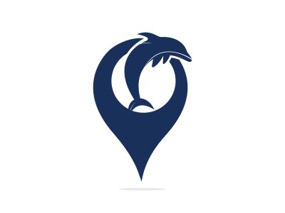 Dolphin vector logo with gps pointer design. Dolphin and GPS vector logo design template.	