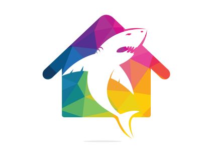Shark house vector logo design. Shark and home icon vector design icon.	
