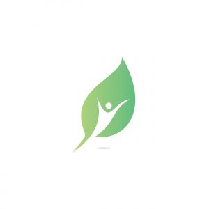 Human Leaf Logo Design.Human character figure on green leaf. Ecology and bio product creative sign. Nature symbol.	