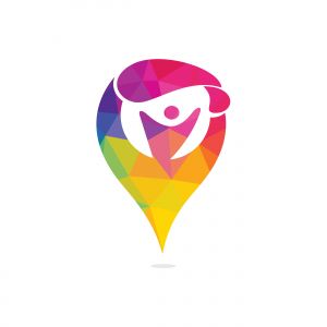 Skydiver with Parachute vector logo with gps pointer design. Parachute and gps icon logotype. Modern skydiver with parachute icon.	