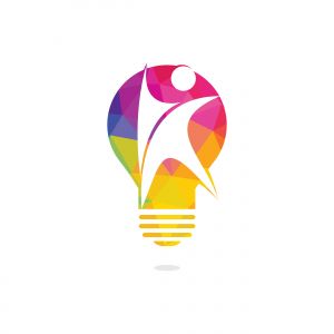 Happy human and light bulb logo design. Concept for business solutions creativity innovation coaching and education. Human health sign.	