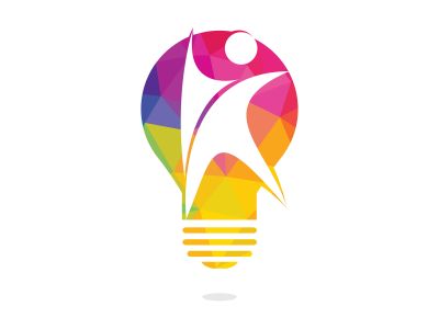 Happy human and light bulb logo design. Concept for business solutions creativity innovation coaching and education. Human health sign.	