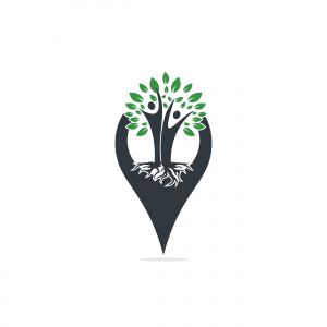 Family Tree Roots And Gps Icon Logo Design. Family Tree And Gps Symbol Icon Logo Design.	