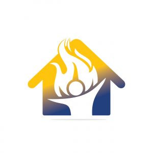 Fireman and home vector logo design.Red flame character logotype. Vector logo combination of a man and fire.	