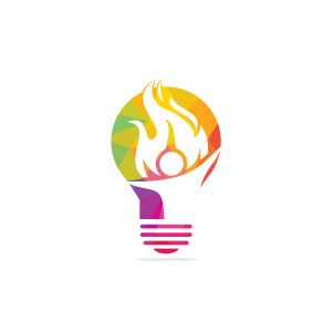 Fireman and bulb vector logo design. Red flame character logotype. Vector logo combination of a man and fire.	