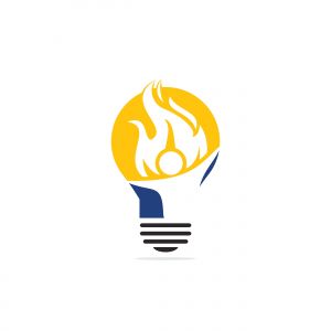 Fireman and bulb vector logo design. Red flame character logotype. Vector logo combination of a man and fire.	