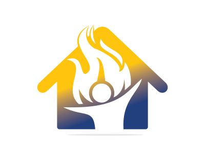 Fireman and home vector logo design.Red flame character logotype. Vector logo combination of a man and fire.	