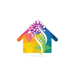 Dna tree and house shape vector logo design. DNA genetic and house icon. DNA with green leaves vector logo design.	