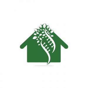 Dna tree and house shape vector logo design. DNA genetic and house icon. DNA with green leaves vector logo design.	