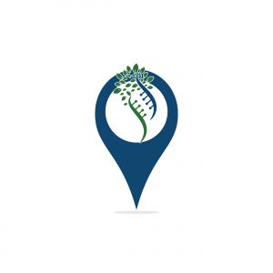 Dna tree and gps shape vector logo design. DNA genetic and gps icon. DNA with green leaves vector logo design.	