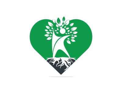 Human tree roots heart shape vector logo design. Tree and human nature love vector logo design template.	