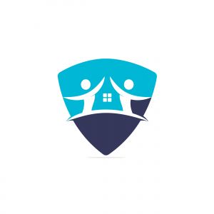 House and people logo design. House and joyful people vector logo template.	