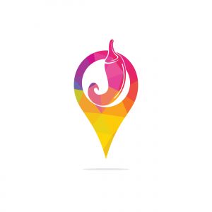 Chili and map pointer logo design. Hot food and GPS locator symbol or icon.	