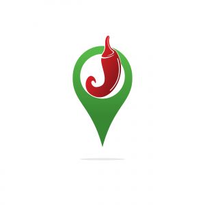 Chili and map pointer logo design. Hot food and GPS locator symbol or icon.	