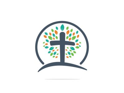 Tree religious cross symbol icon vector design. Prayer tree vector logo design template.	
