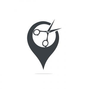 Point Barbershop Logo Template. Gps and Scissors icon vector design.	