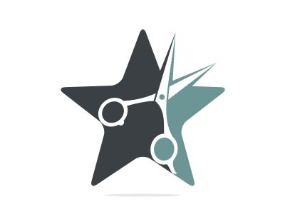 Logo for barbershop, hair salon. Scissors and star icon design.	