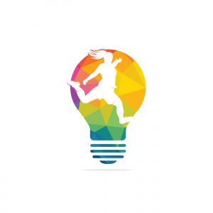 Women football club vector logo design. Women football player and light bulb icon vector design.	