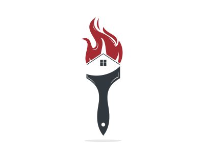 Home inspection and home protection vector logo design. Paint brush and home fire vector icon design.	