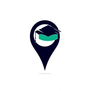 Graduation cap and gps point icon logo. Location Icon for University. Vector logo or icon design element for companies.	